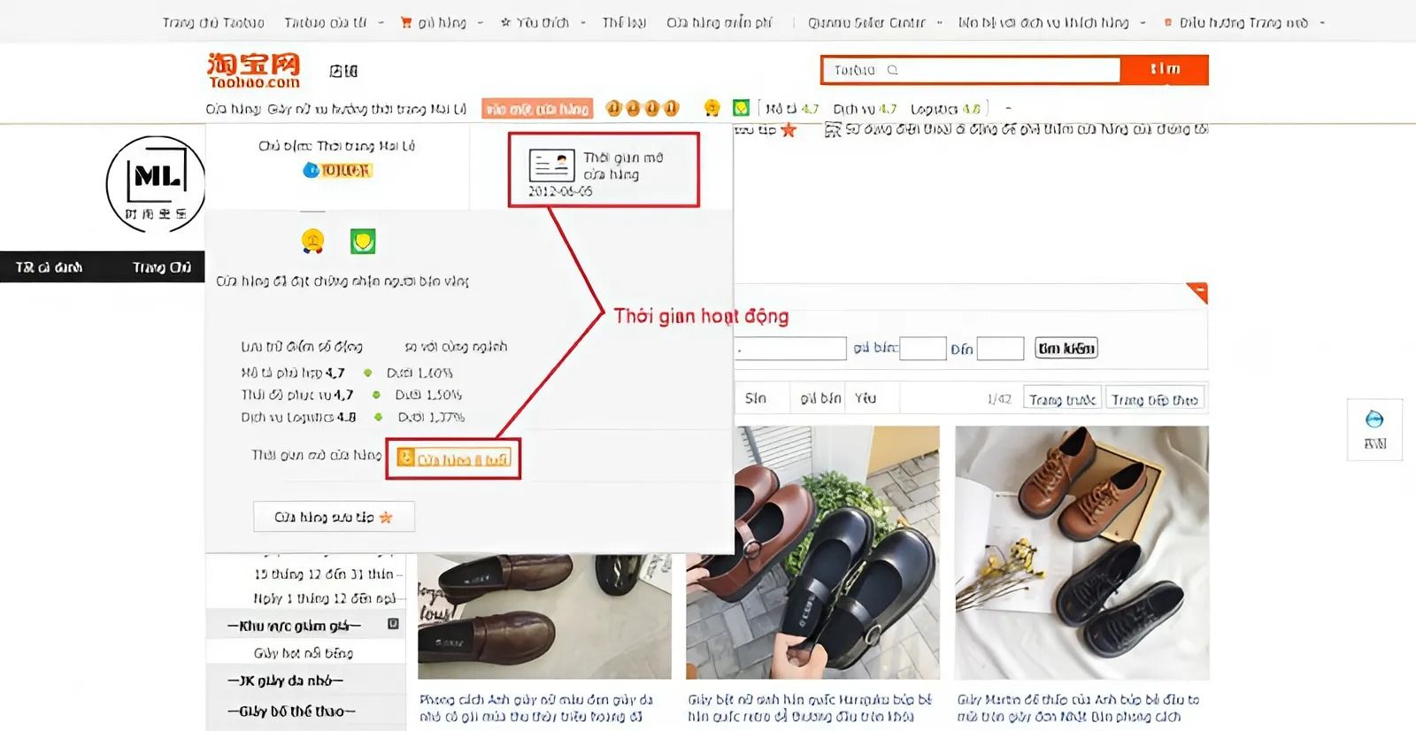 Đánh giá thời gian hoạt động của shop Taobao